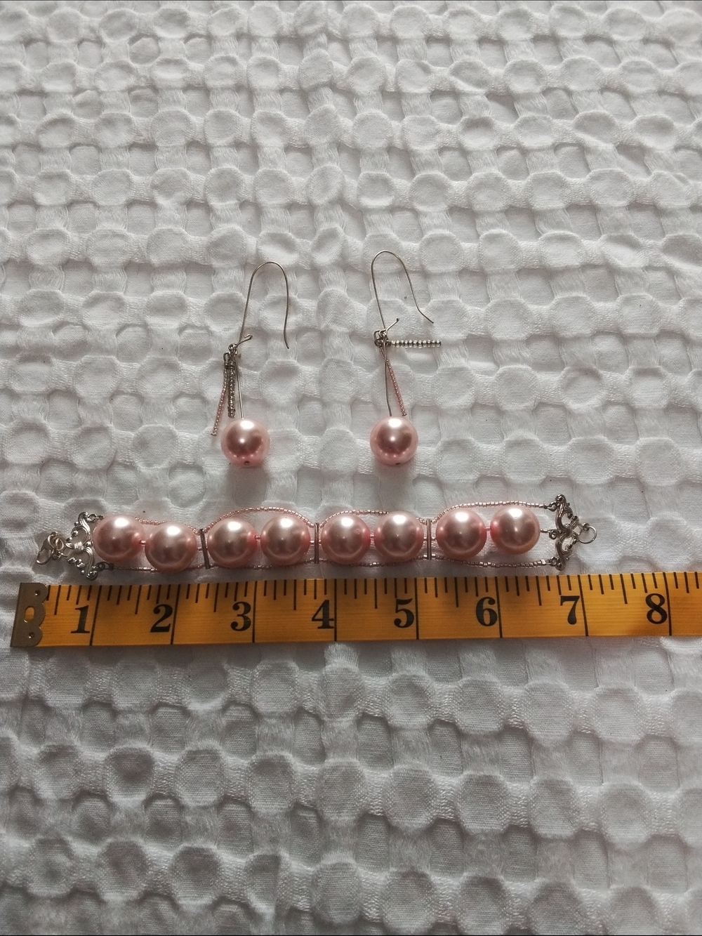 Pink Faux Pearl Drop Earrings and Bracelet Set